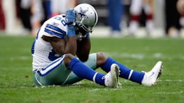 LANDOVER, MD - NOVEMBER 20: Dez Bryant #88 of the Dallas Cowboys sits on the field after missing a pass against the Washington Redskins at FedExField on November 20, 2011 in Landover, Maryland. (Photo by Rob Carr/Getty Images)