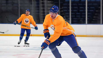 BUFFALO, NY - JANUARY 1: Mattias Samuelsson #54 of the Buffalo Sabres skates with the puck during training camp at KeyBank Center on January 1, 2021 in Buffalo, New York. (Photo by Kevin Hoffman/Getty Images)