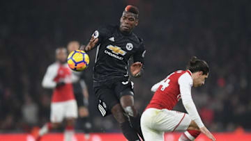LONDON, ENGLAND - DECEMBER 02: Paul Pogba of Manchester United stamps on Hector Bellerin of Arsenal and is later sent off for the challenge during the Premier League match between Arsenal and Manchester United at Emirates Stadium on December 2, 2017 in London, England. (Photo by Laurence Griffiths/Getty Images)