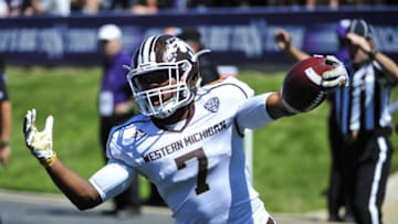 EVANSTON, IL- SEPTEMBER 03: D'Wayne Eskridge #7 of the Western Michigan Broncos reacts after scoring a touchdown against the Northwestern Wildcats during the second half on September 3, 2016 at Ryan Field in Evanston, Illinois. the Western Michigan Broncos won 22-21. (Photo by David Banks/Getty Images)