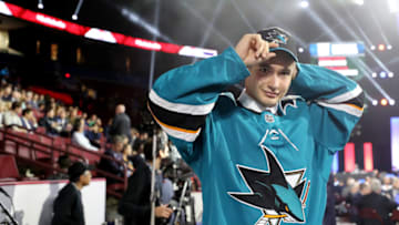 VANCOUVER, BRITISH COLUMBIA - JUNE 22: Artemi Kniazev reacts after being selected 48th overall by the San Jose Sharks during the 2019 NHL Draft at Rogers Arena on June 22, 2019 in Vancouver, Canada. (Photo by Bruce Bennett/Getty Images)