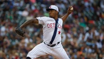DETROIT, MI - AUGUST 10: Gregory Soto #65 of the Detroit Tigers pitches in the seventh inning against the Kansas City Royals during a MLB game at Comerica Park on August 10, 2019 in Detroit, Michigan. The game tonight is the 25th Annual Commemorative Negro League Game. (Photo by Dave Reginek/Getty Images)