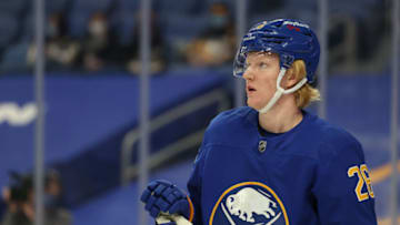 Apr 17, 2021; Buffalo, New York, USA; Buffalo Sabres defenseman Rasmus Dahlin (26) looks to the scoreboard during a stoppage in play in the first period against the Pittsburgh Penguins at KeyBank Center. Mandatory Credit: Timothy T. Ludwig-USA TODAY Sports