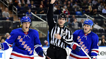 Ryan Strome #16 and Brendan Lemieux #48 of the New York Rangers (Photo by Emilee Chinn/Getty Images)