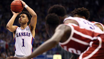 LAWRENCE, KANSAS - FEBRUARY 15: Devon Dotson #1 of the Kansas Jayhawks shoots a free throw during the game against the Oklahoma Sooners at Allen Fieldhouse on February 15, 2020 in Lawrence, Kansas. (Photo by Jamie Squire/Getty Images)
