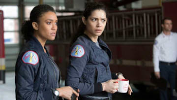 CHICAGO FIRE -- "I'm Not Leaving You" Episode 722 -- Pictured: (l-r) Annie Ilonzeh as Emily Foster, Miranda Rae Mayo as Stella Kidd -- (Photo by: Adrian Burrows/NBC)