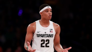 NEW YORK, NY - NOVEMBER 15: Miles Bridges #22 of the Michigan State Spartans reacts against the Kentucky Wildcats in the first half during the State Farm Champions Classic at Madison Square Garden on November 15, 2016 in New York City. (Photo by Michael Reaves/Getty Images)