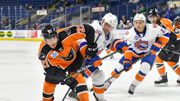 BRIDGEPORT, CT - OCTOBER 21: Mike Vecchione #21 of the Lehigh Valley Phantoms wins a face off during a game against the Bridgeport Sound Tigers at Webster Bank Arena on October 21, 2018 in Bridgeport, Connecticut. (Photo by Gregory Vasil/Getty Images)