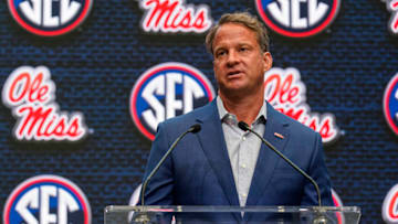 Jul 18, 2022; Atlanta, GA, USA; Mississippi head coach Lane Kiffin speaks to the media during SEC Media Days at the College Football Hall of Fame. Mandatory Credit: Dale Zanine-USA TODAY Sports