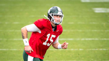 EAST LANSING, MI - APRIL 24: Anthony Russo #15 of the Michigan State Spartans runs in action during the Spring Game at Spartan Stadium on April 24, 2021 in East Lansing, Michigan. (Photo by Nic Antaya/Getty Images)