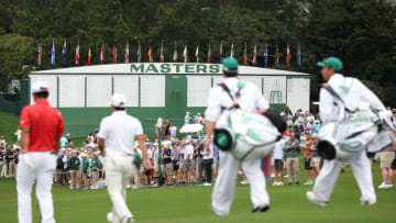 AUGUSTA, GEORGIA - APRIL 04: Hideki Matsuyama of Japan and Kazuki Higa of Japan walk to the first fairway during a practice round prior to the 2023 Masters Tournament at Augusta National Golf Club on April 04, 2023 in Augusta, Georgia. (Photo by Christian Petersen/Getty Images)