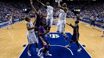 Nov 4, 2013; Lexington, KY, USA; Kentucky Wildcats forward Alex Poythress (22) shoots the ball against the Montevallo Falcons during the game at Rupp Arena. Kentucky defeated Montevallo 95-72. Mandatory Credit: Mark Zerof-USA TODAY Sports
