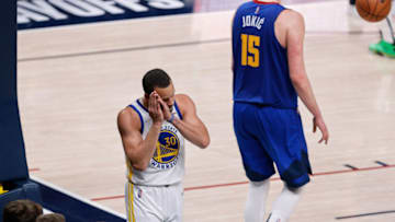 21 Apr. 2022; Denver, Colorado, USA; Golden State Warriors guard Stephen Curry (30) reacts after a play in the fourth quarter against the Denver Nuggets during game three of the first round for the 2022 NBA playoffs at Ball Arena. (Isaiah J. Downing-USA TODAY Sports)