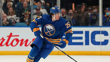 BUFFALO, NY - APRIL 14: Owen Power #25 of the Buffalo Sabres playing in his home debut NHL 1st overall pick against the St. Louis Blues at KeyBank Center on April 14, 2022 in Buffalo, New York. (Photo by Kevin Hoffman/Getty Images)