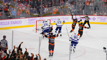 Nov 18, 2021; Philadelphia, Pennsylvania, USA; Philadelphia Flyers center Claude Giroux (28) reacts after scoring a goal in the final seconds of the third period against the Tampa Bay Lightning at the Wells Fargo Center. Mandatory Credit: Mitchell Leff-USA TODAY Sports