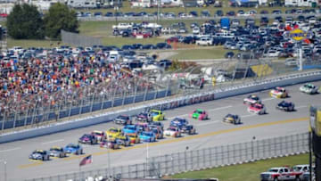 Oct 18, 2014; Talladega, AL, USA; NASCAR sprint cup series driver Jimmie Johnson (48) leads a pack of cars during the Geico 500 at Talladega Superspeedway. Mandatory Credit: Randy Sartin-USA TODAY Sports