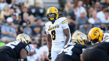 Sep 30, 2023; Nashville, Tennessee, USA; Missouri Tigers linebacker Ty'Ron Hopper (8) watches the quarterback against the Vanderbilt Commodores during the second half at FirstBank Stadium. Mandatory Credit: Steve Roberts-USA TODAY Sports