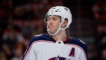 PHILADELPHIA, PA - FEBRUARY 22: Columbus Blue Jackets Left Wing Boone Jenner (38) looks on before a faceoff in the second period during game between the Columbus Blue Jackets and Philadelphia Flyers on February 22, 2018 at Wells Fargo Center in Philadelphia, PA. (Photo by Kyle Ross/Icon Sportswire via Getty Images)