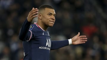 Kylian Mbappe celebrates his first goal during the Ligue 1 match between Paris Saint Germain (PSG) and FC Lorient at Parc des Princes stadium on April 3, 2022 in Paris, France. (Photo by John Berry/Getty Images)