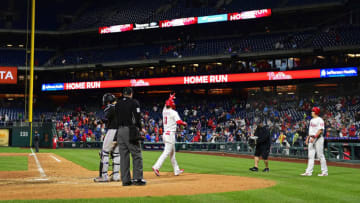 PHILADELPHIA, PA - APRIL 26: Bryce Harper #3 of the Philadelphia Phillies celebrates his home run during the eighth inning at Citizens Bank Park on April 26, 2019 in Philadelphia, Pennsylvania. The Phillies defeated the Marlins 4-0. (Photo by Corey Perrine/Getty Images)