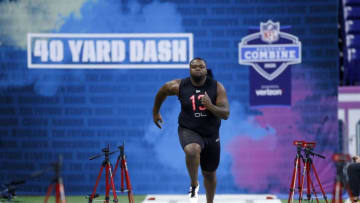 INDIANAPOLIS, IN - FEBRUARY 29: Defensive lineman Benito Jones of Ole Miss runs the 40-yard dash during the NFL Combine at Lucas Oil Stadium on February 29, 2020 in Indianapolis, Indiana. (Photo by Joe Robbins/Getty Images)