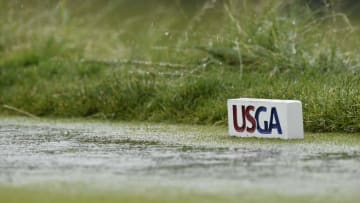 Jun 16, 2016; Oakmont, PA, USA; A general view as rain collects on the 11th tee box during the first round of the U.S. Open golf tournament at Oakmont Country Club. Mandatory Credit: John David Mercer-USA TODAY Sports