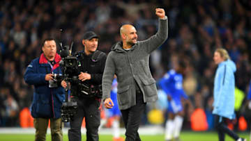 MANCHESTER, ENGLAND - MAY 06: Josep Guardiola, Manager of Manchester City celebrates victory after the Premier League match between Manchester City and Leicester City at Etihad Stadium on May 06, 2019 in Manchester, United Kingdom. (Photo by Michael Regan/Getty Images)