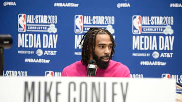 CHARLOTTE, NC - FEBRUARY 16: Mike Conley #11 of the Memphis Grizzlies addresses the media during the 2019 NBA All-Star Practice and Media Availability on February 16, 2019 at Bojangles Coliseum in Charlotte, North Carolina. NOTE TO USER: User expressly acknowledges and agrees that, by downloading and or using this photograph, User is consenting to the terms and conditions of the Getty Images License Agreement. Mandatory Copyright Notice: Copyright 2019 NBAE (Photo by Tom O'Connor/NBAE via Getty Images)