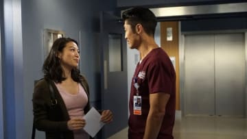 CHICAGO MED -- "What You Don?t Know" Episode 405 -- Pictured: (l-r) Arden Cho as Emily Choi, Brian Tee as Ethan Choi -- (Photo by: Elizabeth Sisson/NBC)