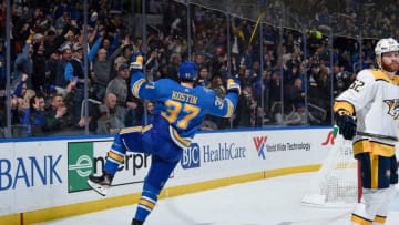 ST. LOUIS, MO - NOVEMBER 23: Klim Kostin #37 of the St. Louis Blues reacts after scoring his first NHL goal against the Nashville Predators at Enterprise Center on November 23, 2019 in St. Louis, Missouri. (Photo by Joe Puetz/NHLI via Getty Images)