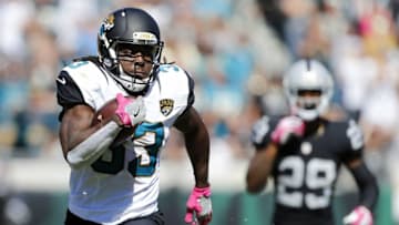 Oct 23, 2016; Jacksonville, FL, USA; Jacksonville Jaguars running back Chris Ivory (33) runs the ball in the second quarter against the Oakland Raiders at EverBank Field. Mandatory Credit: Logan Bowles-USA TODAY Sports