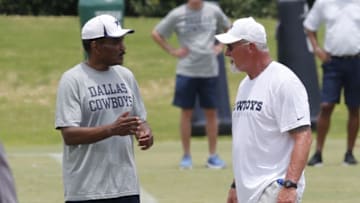 Jun 16, 2015; Irving, TX, USA; Dallas Cowboys former players Calvin Hill (left) and Randy White talk during minicamp at Dallas Cowboys Headquarters. Mandatory Credit: Matthew Emmons-USA TODAY Sports