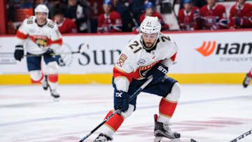 MONTREAL, QC - SEPTEMBER 19: Florida Panthers center Vincent Trocheck (21) controls the puck during the third period of the NHL preseason game between the New Florida Panthers and the Montreal Canadiens on September 19, 2018, at the Bell Centre in Montreal, QC (Photo by Vincent Ethier/Icon Sportswire via Getty Images)