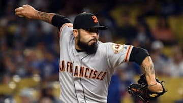 Sep 20, 2016; Los Angeles, CA, USA; San Francisco Giants relief pitcher Sergio Romo (54) throws in the 9th inning of the Giants 2-0 win over the Los Angeles Dodgers at Dodger Stadium. Mandatory Credit: Robert Hanashiro-USA TODAY Sports