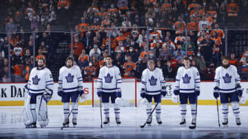 PHILADELPHIA, PENNSYLVANIA - NOVEMBER 10: (L-R) Jack Campbell #36, Justin Holl #3, Pierre Engvall #47, Ondrej Kase #25, David Kampf #64 and Jake Muzzin #8 of the Toronto Maple Leafs look on before playing against the Philadelphia Flyers at Wells Fargo Center on November 10, 2021 in Philadelphia, Pennsylvania. (Photo by Tim Nwachukwu/Getty Images)