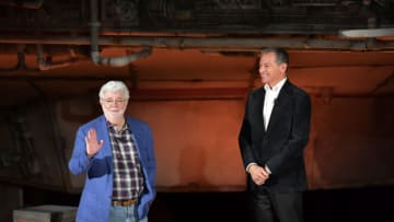 ANAHEIM, CALIFORNIA - MAY 29: (L-R) George Lucas and Bob Iger attend the Star Wars: Galaxy's Edge Media Preview at the Disneyland Resort on May 29, 2019 in Anaheim, California. (Photo by Amy Sussman/Getty Images)