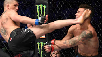MONCTON, NB - OCTOBER 27: (L-R) Don Madge of South Africa kicks Te Edwards in their lightweight bout during the UFC Fight Night event inside Avenir Centre on October 27, 2018 in Moncton, New Brunswick, Canada. (Photo by Jeff Bottari/Zuffa LLC/Zuffa LLC via Getty Images)