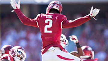 FAYETTEVILLE, AR - SEPTEMBER 30: Kamren Curl #2#2 of the Arkansas Razorbacks celebrates after a big play during a game against the New Mexico State Aggies at Donald W. Reynolds Razorback Stadium on September 30, 2017 in Fayetteville, Arkansas. The Razorbacks defeated the Aggies 42-24. (Photo by Wesley Hitt/Getty Images)