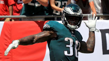 TAMPA, FL - SEPTEMBER 16: Corey Clement #30 of the Philadelphia Eagles celebrates a touchdown during a game against the Tampa Bay Buccaneers at Raymond James Stadium on September 16, 2018 in Tampa, Florida. (Photo by Mike Ehrmann/Getty Images)