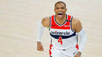 Washington's Russell Westbrook (4) shouts before an April 23 game against the Thunder.Lx12074