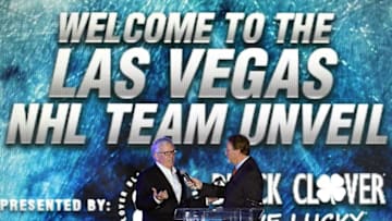 LAS VEGAS, NV - NOVEMBER 22: Majority owner Bill Foley (L) speaks with emcee Chris Maathuis before the Vegas Golden Knights was announced as the name for Foey's Las Vegas NHL franchise at T-Mobile Arena on November 22, 2016 in Las Vegas, Nevada. The team will begin play in the 2017-18 season. (Photo by Ethan Miller/Getty Images)