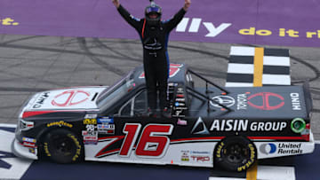BROOKLYN, MICHIGAN - AUGUST 10: Austin Hill, driver of the #16 Hino/AISIN Group Toyota, celebrates after winning the NASCAR Gander Outdoor Truck Series Corrigan Oil 200 at Michigan International Speedway on August 10, 2019 in Brooklyn, Michigan. (Photo by Matt Sullivan/Getty Images)