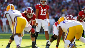 TUSCALOOSA, ALABAMA - NOVEMBER 09: Tua Tagovailoa #13 of the Alabama Crimson Tide looks on prior to the snap during the first quarter against the LSU Tigers in the game at Bryant-Denny Stadium on November 09, 2019 in Tuscaloosa, Alabama. (Photo by Kevin C. Cox/Getty Images)