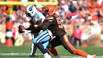 CLEVELAND, OH - OCTOBER 22: Joe Schobert #53 of the Cleveland Browns tackles DeMarco Murray #29 of the Tennessee Titans in the fourth quarter at FirstEnergy Stadium on October 22, 2017 in Cleveland, Ohio. (Photo by Jason Miller/Getty Images)