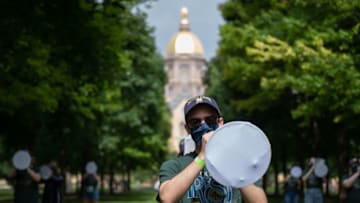 Members of the Notre Dame Marching Band stage a socially distanced performance - Mandatory Credit: Matt Cashore-USA TODAY Sports