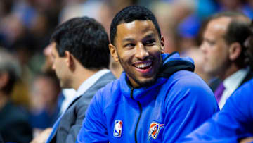 OKC Thunder wing Andre Roberson #21 smiles during a game against the Dallas Mavericks on October 8, 2019 (Photo by Zach Beeker/NBAE via Getty Images)
