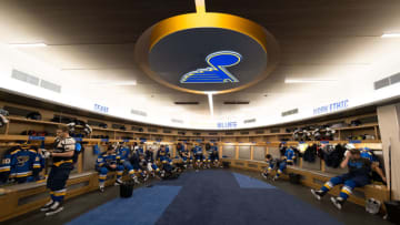 ST. LOUIS, MO - NOVEMBER 23: An overall view of the St. Louis Blues locker room as they prepare for warmups prior to a game against the Nashville Predators at Enterprise Center on November 23, 2018 in St. Louis, Missouri. (Photo by Scott Rovak/NHLI via Getty Images)