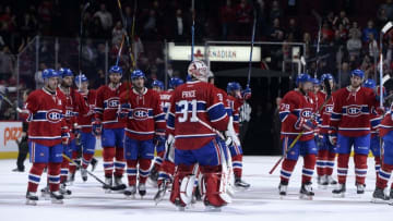 Oct 20, 2016; Montreal, Quebec, CAN; Montreal Canadiens goalie Carey Price (31) reacts with teammates after defeating the Arizona Coyotes at the Bell Centre. Mandatory Credit: Eric Bolte-USA TODAY Sports