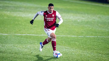WIMBLEDON, ENGLAND - DECEMBER 08: William Saliba of Arsenal U21 controls ball during the EFL Trophy match between AFC Wimbledon and Arsenal U21 at Plough Lane on December 8, 2020 in Wimbledon, England. (Photo by Sebastian Frej/MB Media/Getty Images)