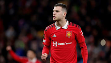 MANCHESTER, UNITED KINGDOM - FEBRUARY 23: Diogo Dalot of Manchester United celebrates the victory during the UEFA Europa League match between Manchester United v FC Barcelona at the Old Trafford on February 23, 2023 in Manchester United Kingdom (Photo by David S. Bustamante/Soccrates/Getty Images)